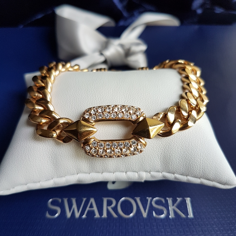 AUTHENTIC Swarovski Gold Plated Chunky Chain Link Vintage Bracelet - Picture 7 of 17